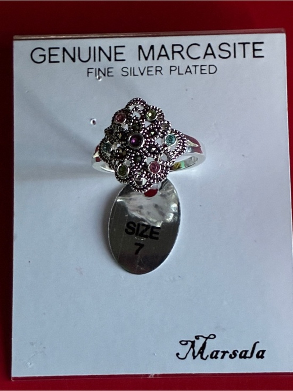 Genuine Marcasite Fine Silver Plated Multi-Stone Ring - Pink & Green Accents